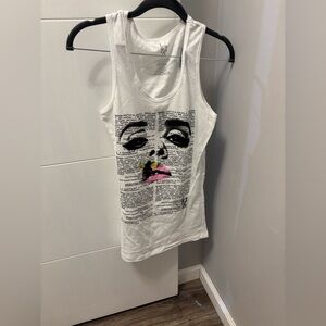 LDR Lana Del Ray White Graphic Tank Top with Pink and Yellow Accents Sz Large